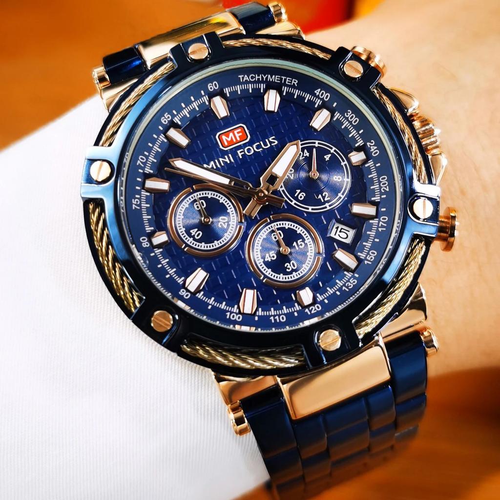 MINI FOCUS Sports Quartz Watch for Men Luminous Hands Multifunctional Small Dials Stainless Steel Strap Business Mens Watches