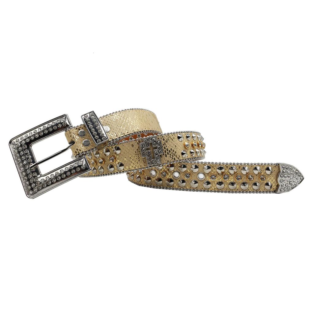 Ремень со стразами Женский ремень Мужской ремень Ремень со стразами в виде креста Темный стиль Панк Модный тренд Инкрустация Крест Аксессуары