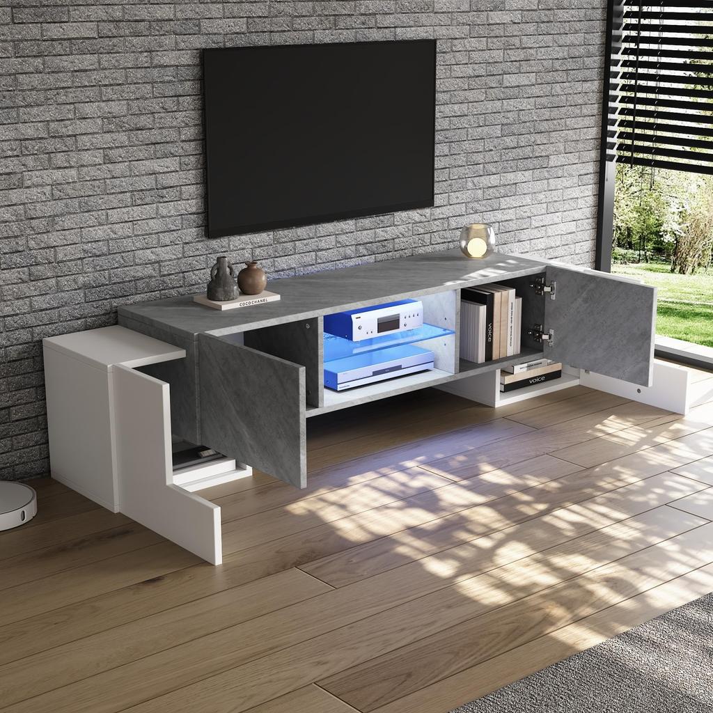 TV Schrank, TV Lowboard Moderner 60/65/70 Zoll Fernseher, TV Ständer 4 Türen, Glasböden, TV Bank Wohnzimmer Schlafzimmer, TV Möbel, Weiß & Grau