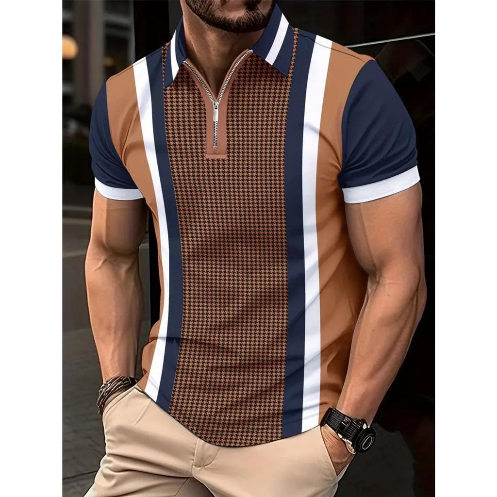 Мужская повседневная футболка-поло с принтом в полоску для улицы с лацканом и коротким рукавом