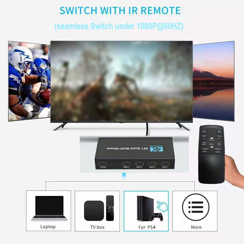 Мультивьюверный коммутатор 4x1 HDMI-совместимый четырехканальный бесшовный коммутатор 4 в 1 выход поддержка 4K 30 Гц для PS4 камера компьютер на телевизор монитор