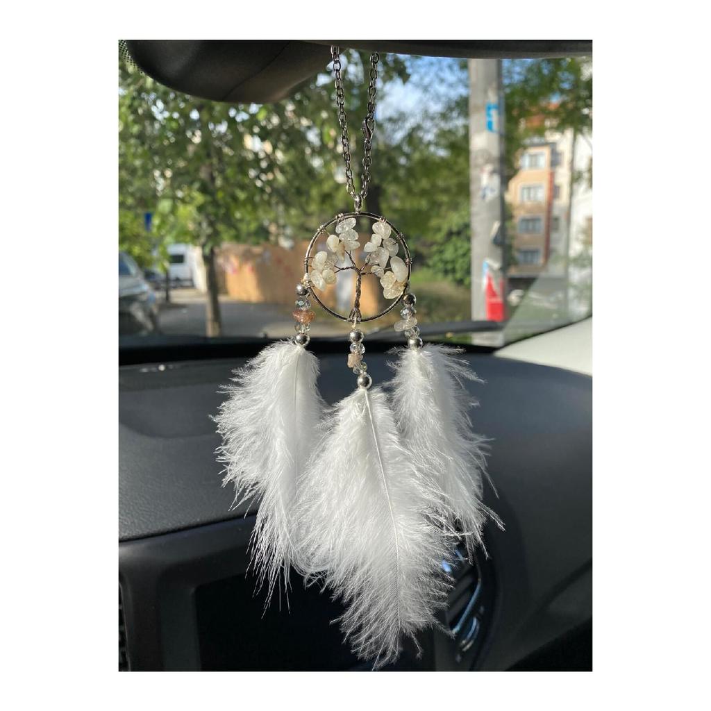 White Tree Of Life, Tree Of Life Natural Stone Feather Rear View Mirror Ornament Car Pendant