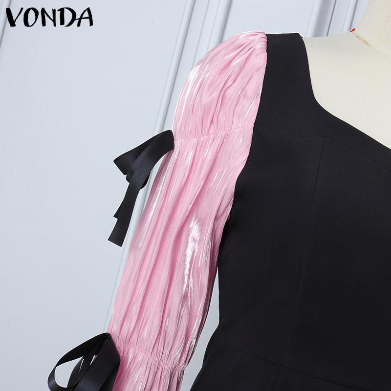 VONDA Женские летние платья А-силуэта с квадратным вырезом и завязкой-узлом, с длинным рукавом и поясом