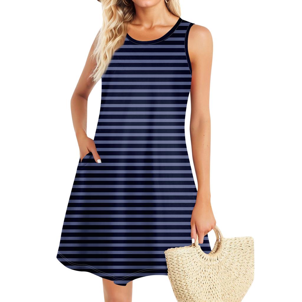 Летние платья для женщин Пляжный Бохо без рукавов Винтажный принт Футболка с карманами Сарафаны-майки