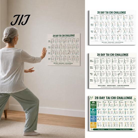 Physical Therapy Aid 28 Day Tai Chi Challenge Poster, Beginner Guide Chart, Senior Fitness Motivation Standing Home Workout Routine, Gentle Exercises