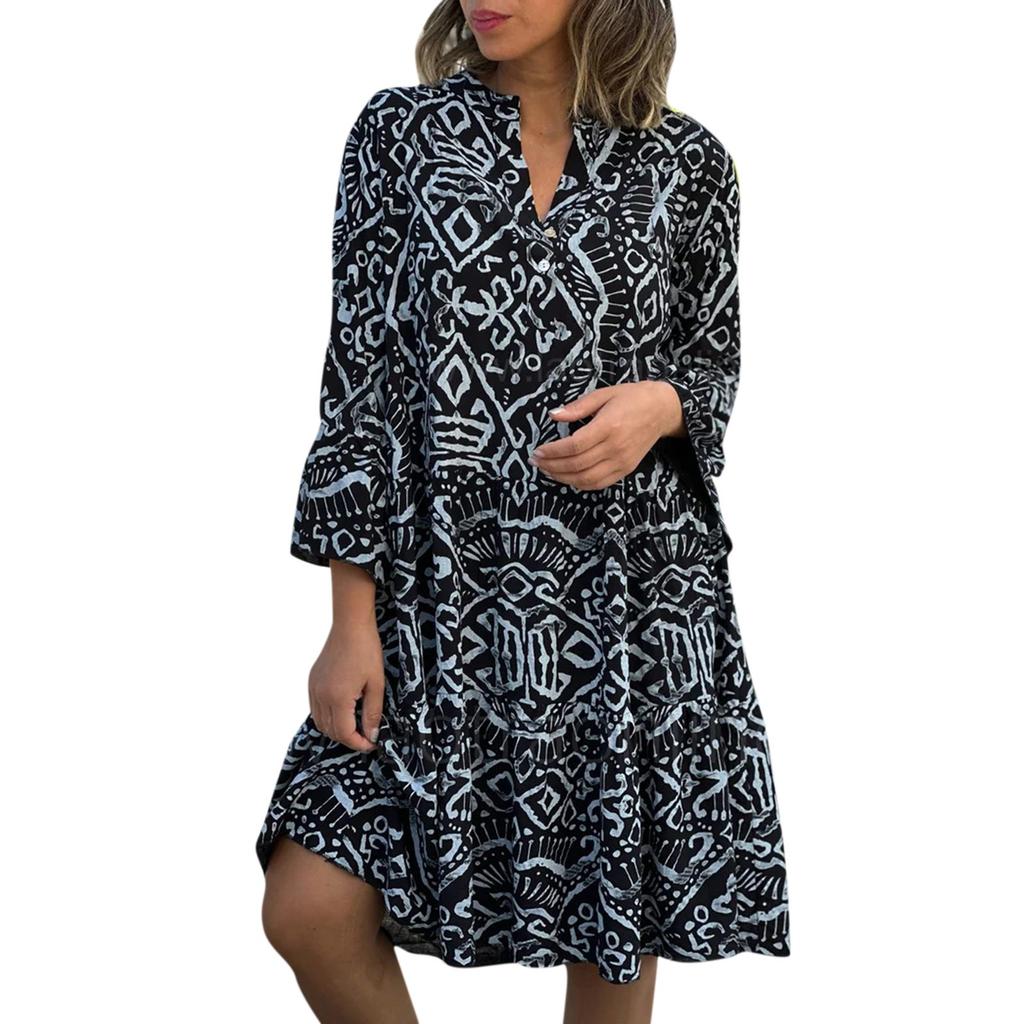 Women's Fashion Button V-neck Speaker 3/4 Sleeve Printed Patchwork Cake Dress