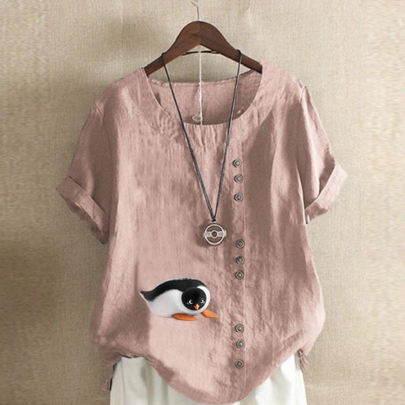 Women's Fashion Penguin Prined Round Neck Short Sleeve T-shirt Casual Cotton Linen Graphic Shirt Leisure Loose Summer Blouse Tops
