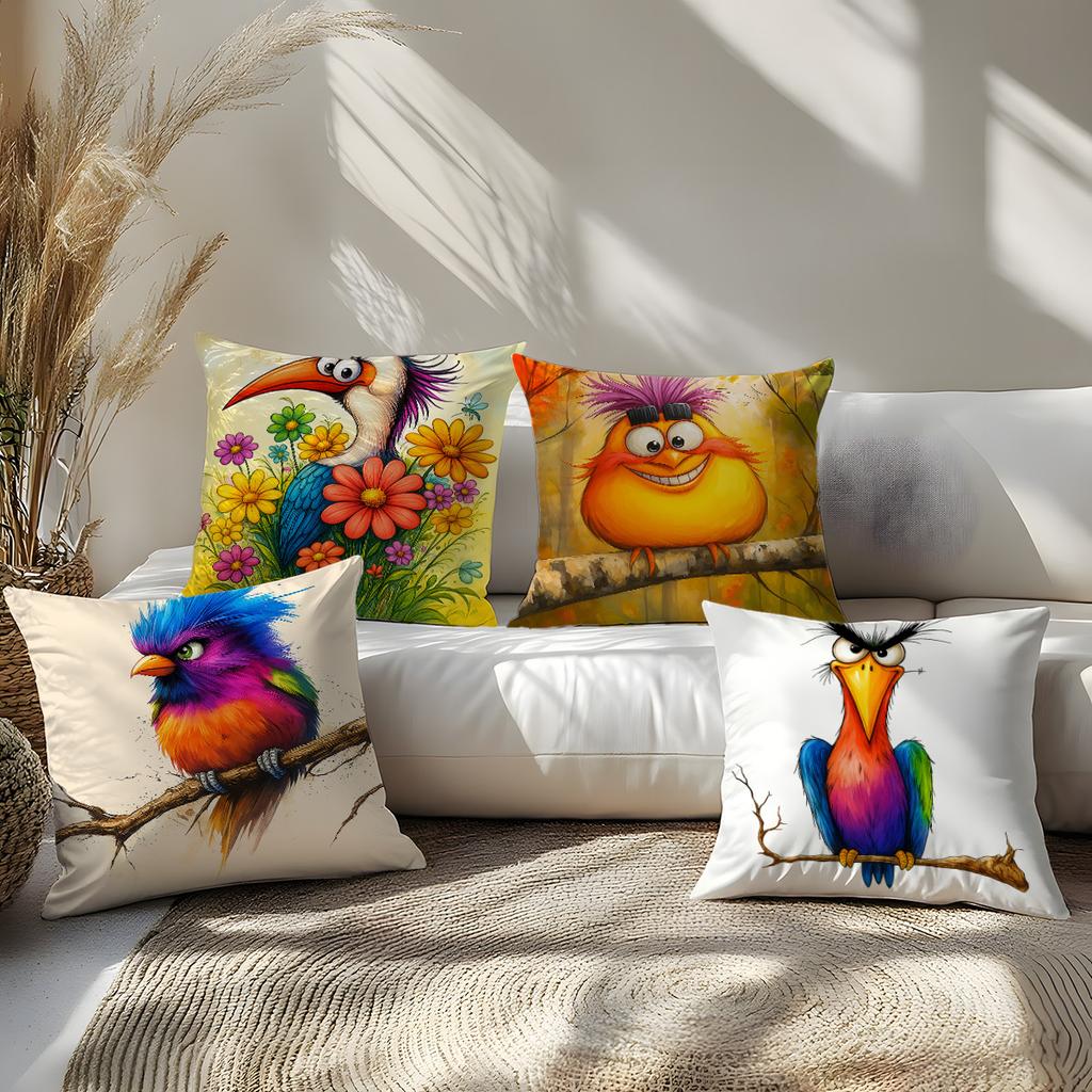 Cartoon Funny Bird Throw Pillow Covers, Whimsical Colorful Bird Print Cushion Cases, Playful Animal Home Decor For Living Room