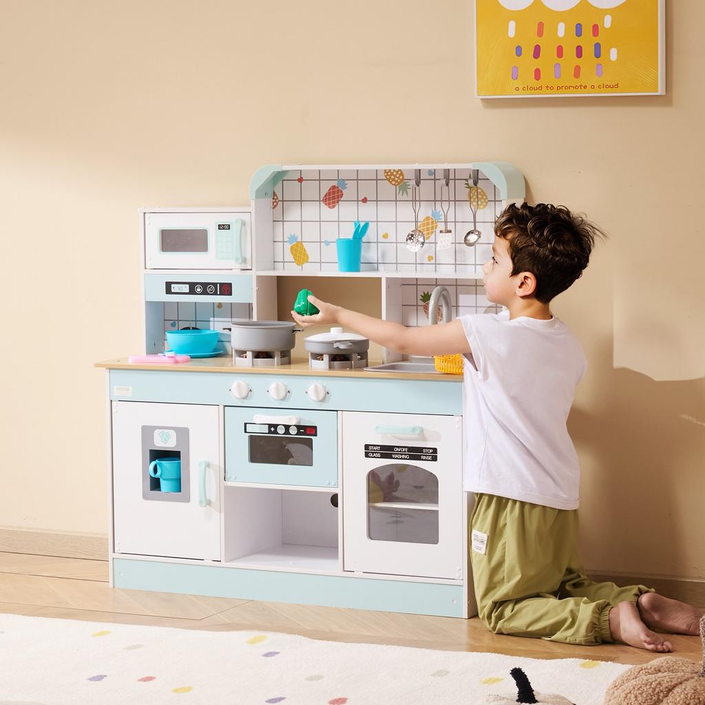 VEVOR Play Kitchen for Kids, Wooden Toy Kitchen Set with Lights and Sounds, Toddler Kitchen with Ice Maker, Oven, Sink, Microwaves