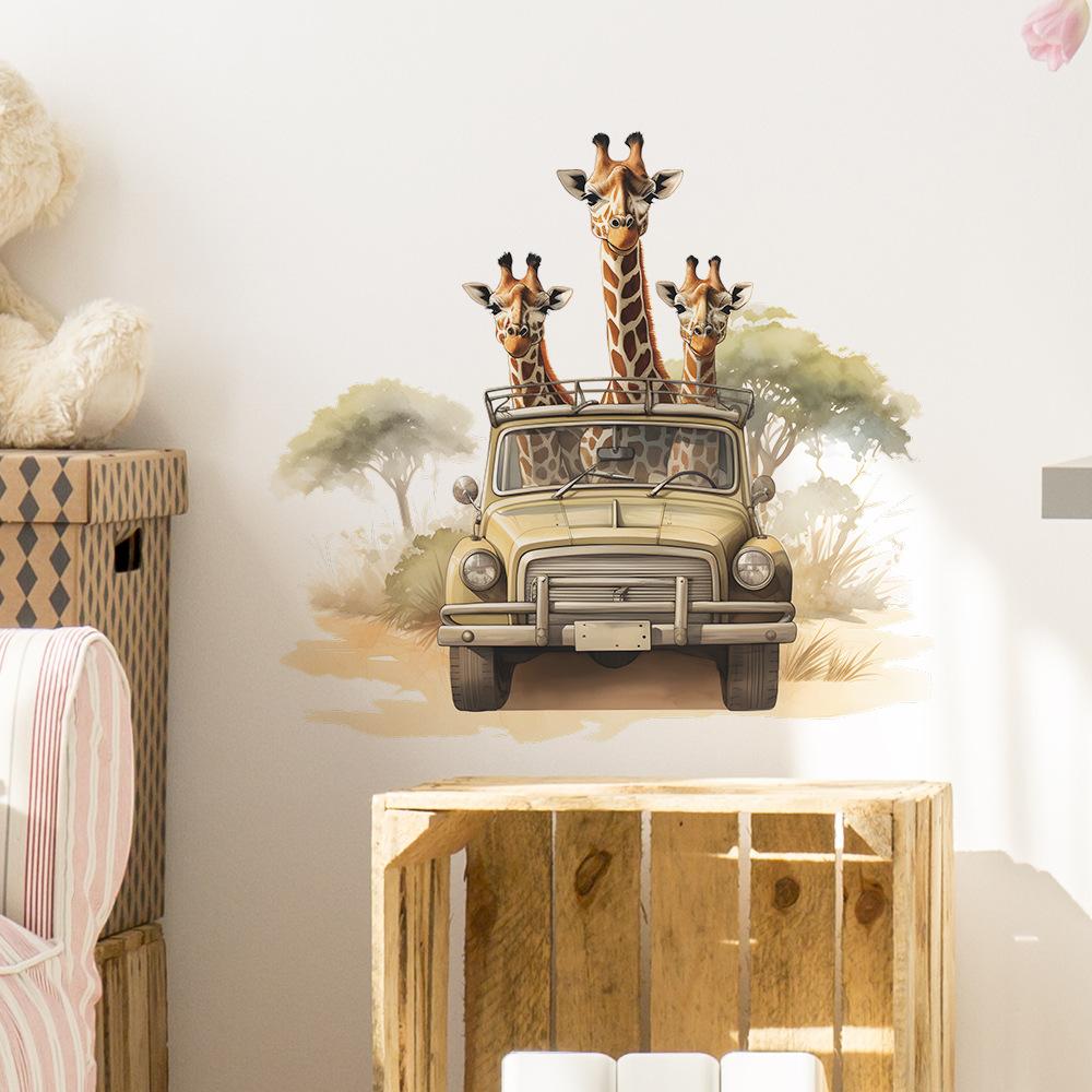 Мультфильм Три жирафа Автомобиль Детская Спальня Гостиная Украшения Стены Наклейки На Стены