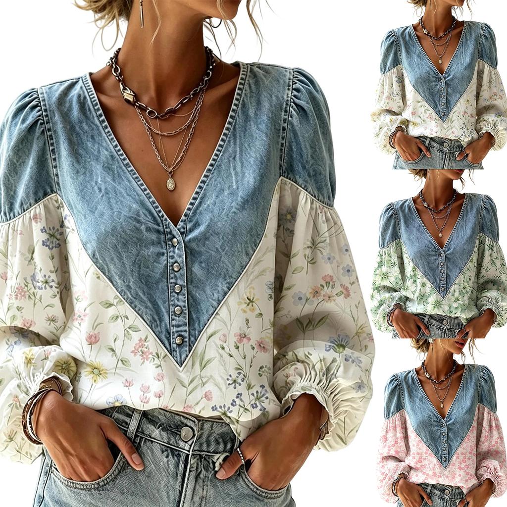 Women's Fall Vintage Denim V-Neck Long Sleeve Patchwork Shirt