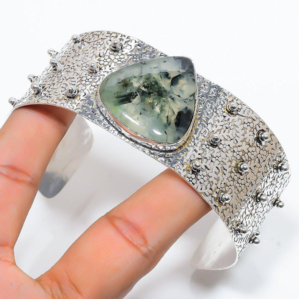 Пренит Драгоценный камень Ручная работа 925 Стерлинговое серебро Манжета Браслет Регулируемый i4Z26