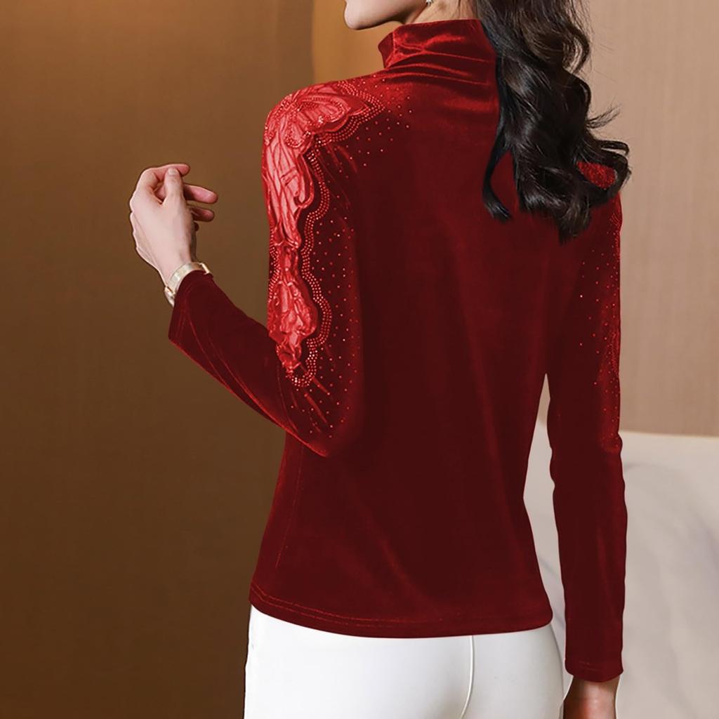 Нарядные бархатные топы для женщин, элегантные кружевные лоскутные футболки с длинным рукавом и высоким воротом, деловые повседневные блузки для вечеринок