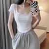 Irregular Square Neck Short Sleeve Cotton T-Shirt Women Summer Sexy Top