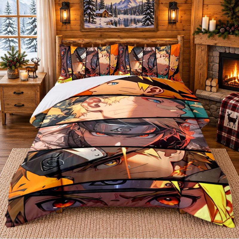 N-Narutos Pattern Bedding 3Pcs Set Bed Sheet And Pillowcases For Indoor Bedroom