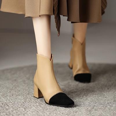 Майяр темперамент носит кожаные короткие ботинки женские осенне-зимние ботинки Мартин абрикосовый средний толстый каблук бархатные тонкие ботинки