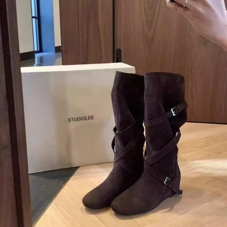 Версия из мягкой кожи~ увеличение роста 6 см мягкая кожа круглый носок тонкие полусапоги женские осень-зима новые мягкие плиссированные длинные голенища ботфорты