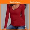 Элегантная осенне-зимняя футболка с длинным рукавом однотонная с V-образным вырезом облегающая базовая