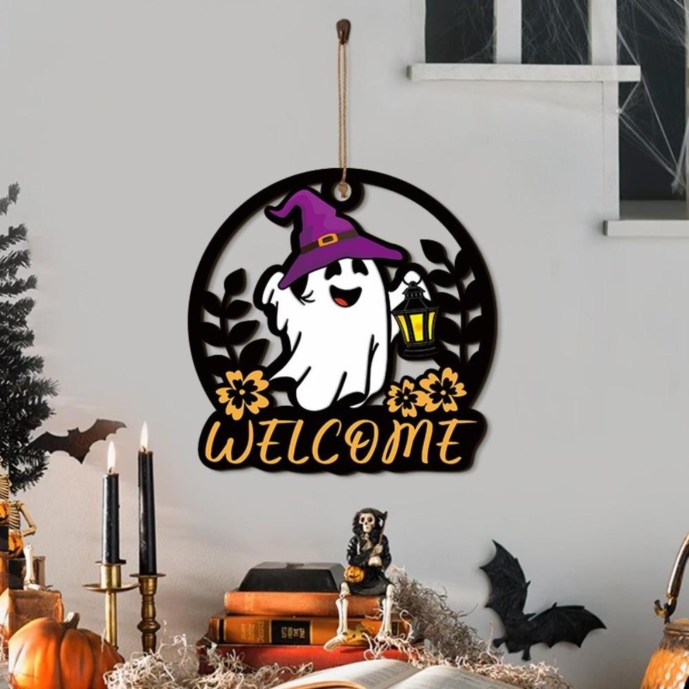 Hollow Out Welcome Wooden Wall Sign Cartoon Halloween Front Door Decor Living Room