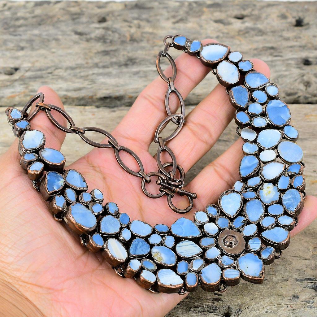 Ожерелье Owyhee с грубым синим опалом, медное ожерелье, изготовленное гальваническим методом, регулируемая цепочка, ожерелье ручной работы, ожерелье из драгоценных камней, медные украшения для подарка