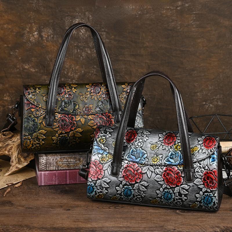 Johnature Retro Embossed Genuine Leather Women Bag Hand Painted Versatile Cowhide Shoulder & Crossbody Bags