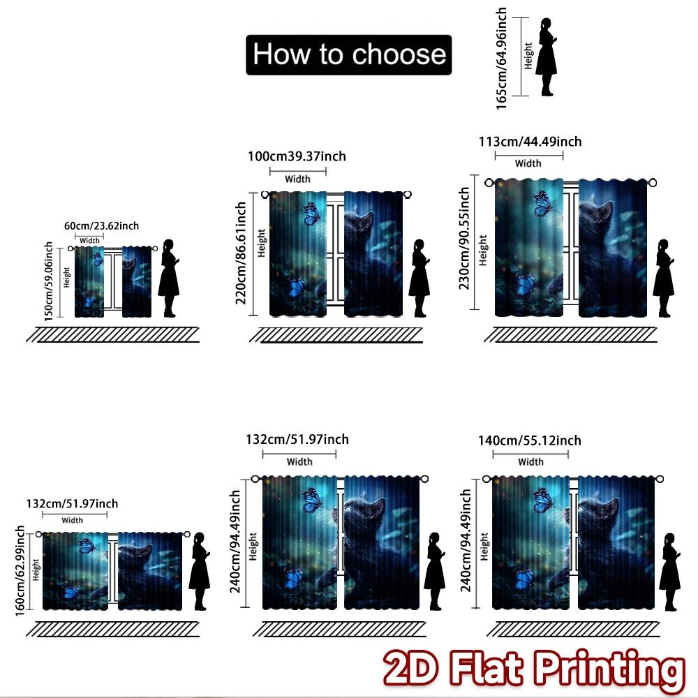2D flat printing 2pcs Window Curtains Black cat blue butterfly fantasy Digital Printed Polyester Drapes Festive Holiday Perfect