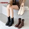 Зима 2024 года, новый стиль, удобные квадратные модные ботинки, женские кожаные туфли с застежкой-молнией сзади на высоком каблуке, модная универсальная обувь