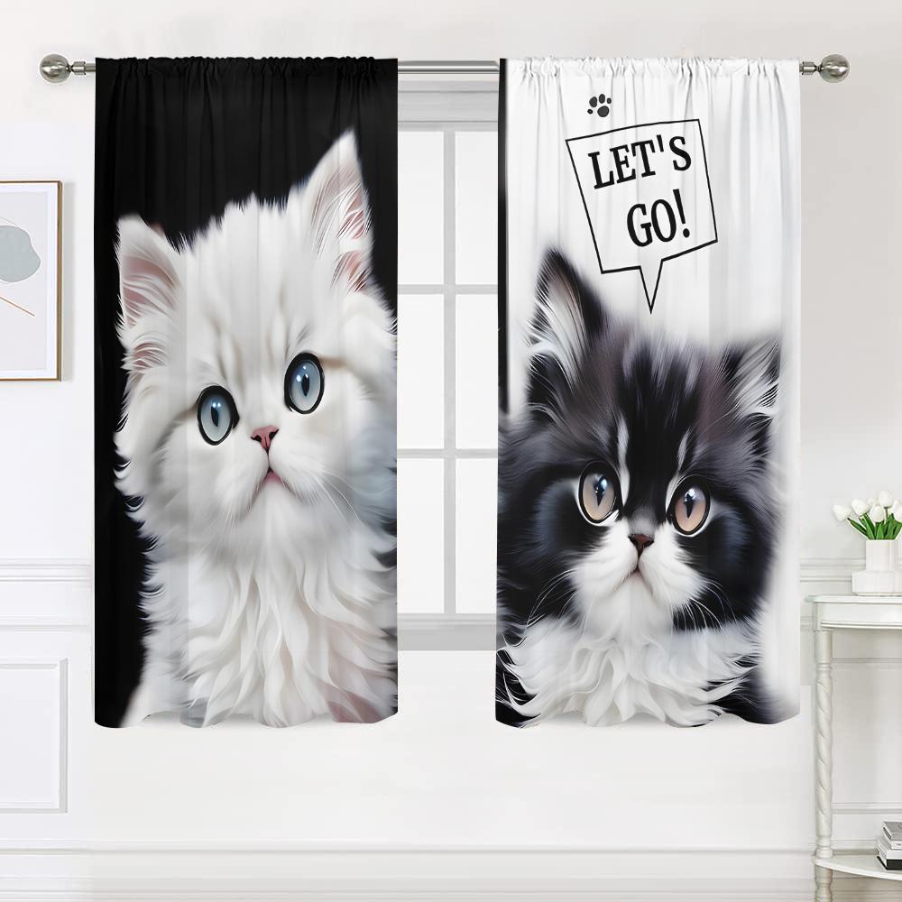 2 Pieces, Cute Black and White Cat Curtains - Semi Blackout - Suitable for Living Room, Bedroom, Kitchen, Home Decoration