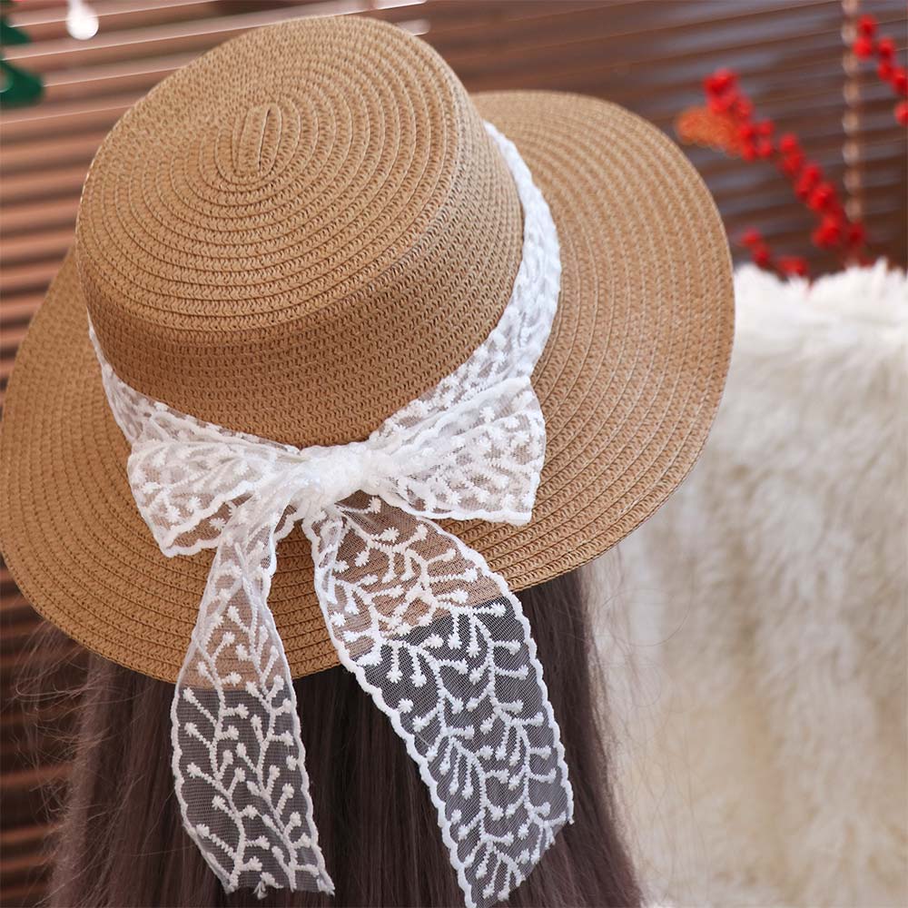 Spring Summer Flat Top Straw Hats French Style Women's Sun Hat Fashion Bow Ribbon Straw Hat Female