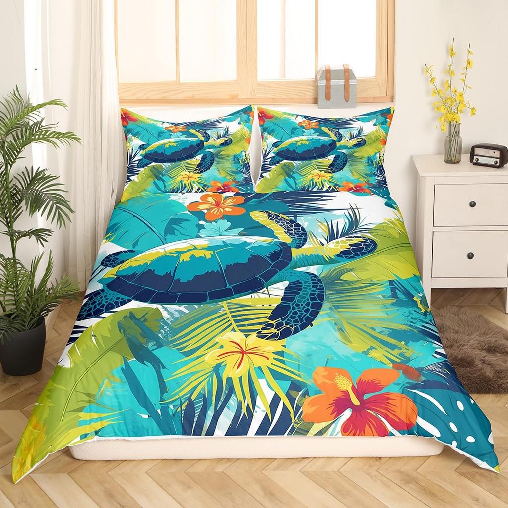 Turtle Butterfly And Flower Duvet Cover For Kids Boys Girls Lightweight Quilt Cover With 2 Pillowcase Cartoon Turtle Bedding Set