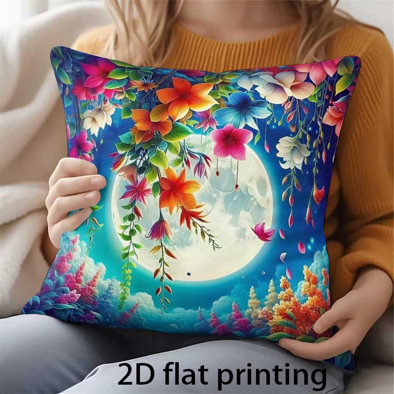2D Flat Print 1pc Full Moon Hanging Flower Vine Dreamy Fantasy Pattern Double-Sided Printed Pillowcase, Soft and Comfortable Home Decor Cushion Cover