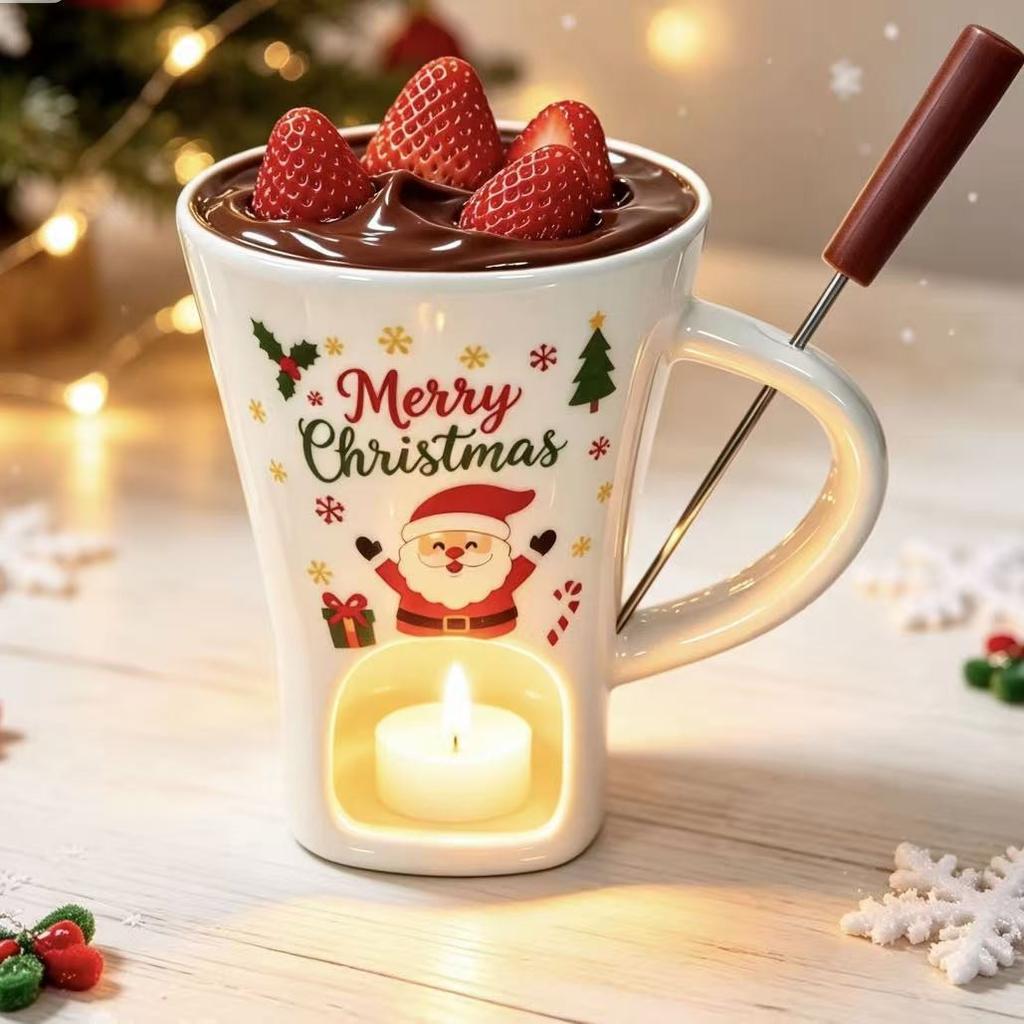 Christmas Ceramic Fondue Mug, Chocolate Melting Cup with Tealight Holder & Fork