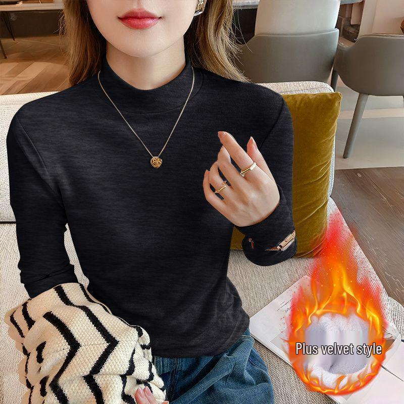 Осень 2025 Большой размер Приталенный Топ-база с длинным рукавом Свободный для женщин с воротником-стойкой