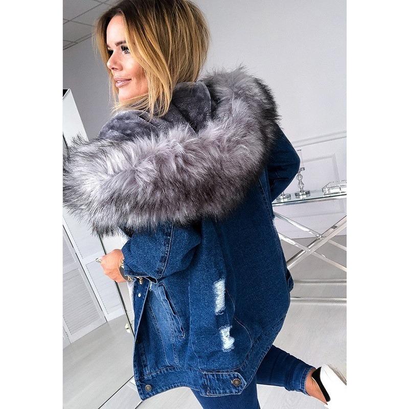 Plus Fleece Collar Denim Women's Thick Cotton Denim