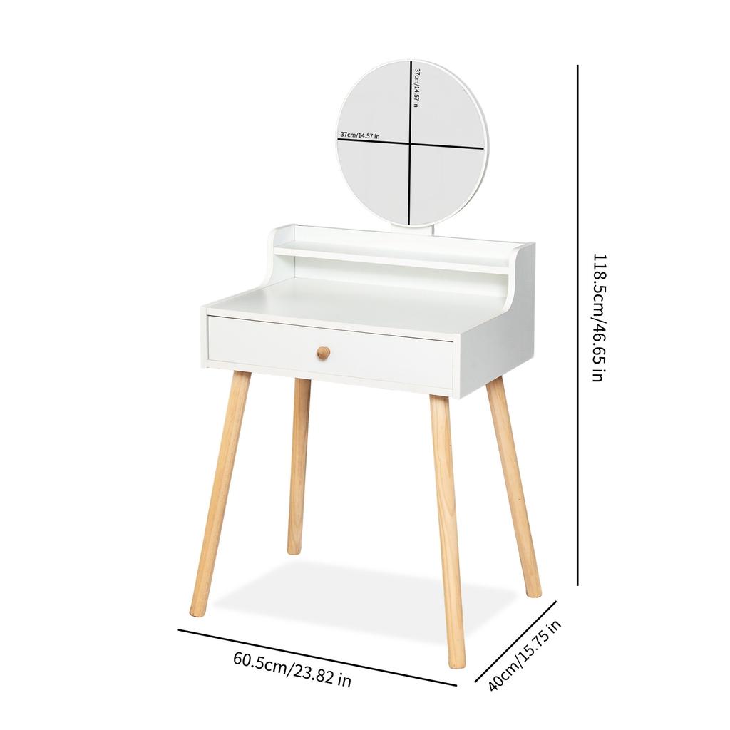 Tocador Maquillaje Espejo Redondo Nórdico Nyana Home | Cajón y Taburete | 60,5cm