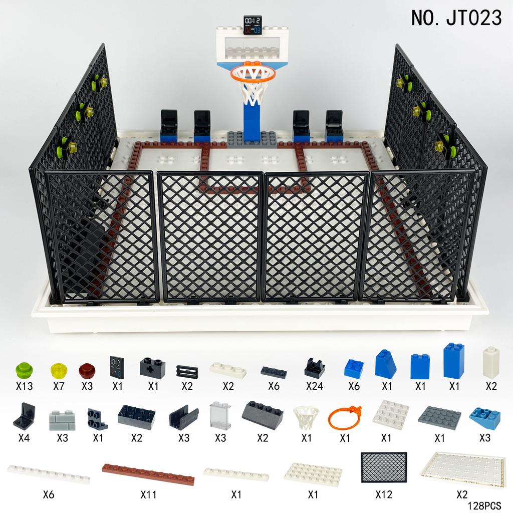 JT023 Школьная баскетбольная площадка. Дети собирают строительные блоки, игрушки.