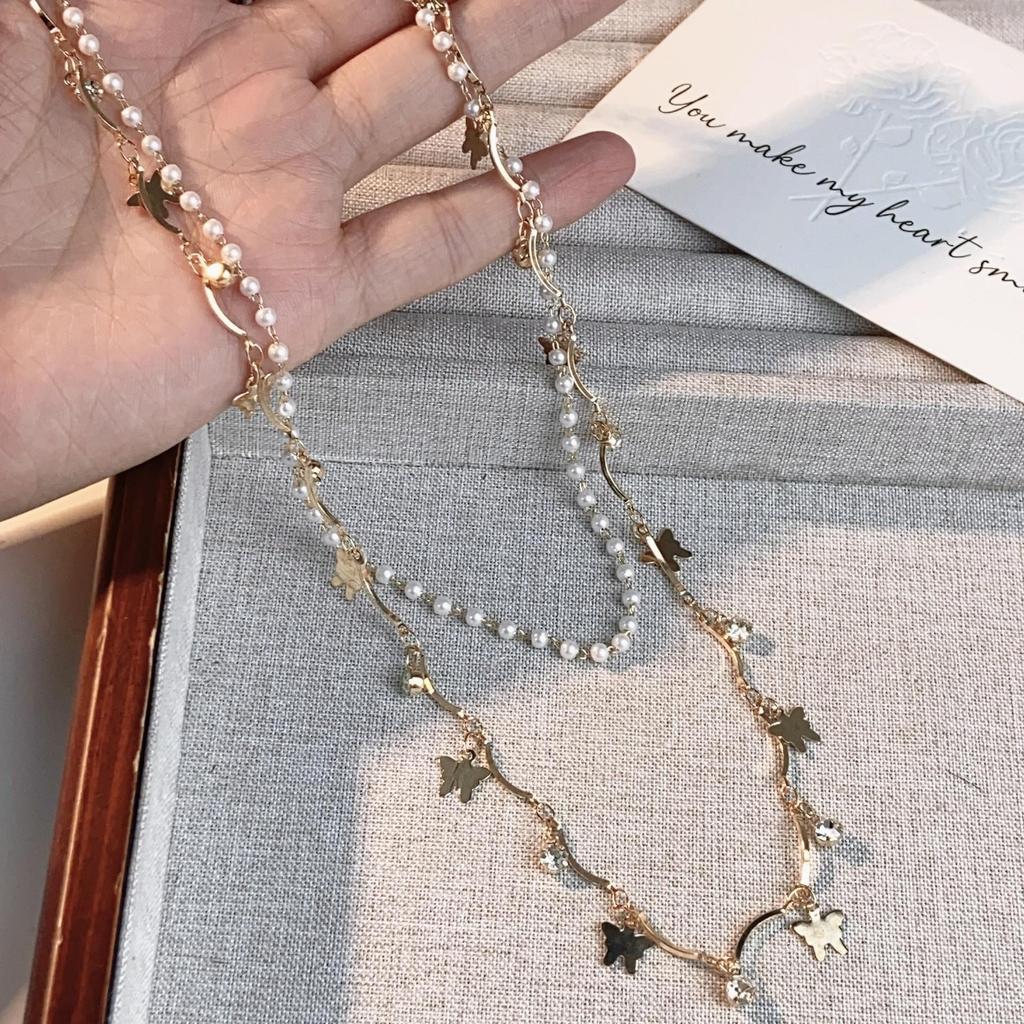 Elegant Double-Layer Butterfly Pearl Necklace with Tassel - Stylish Versatile High-End Choker