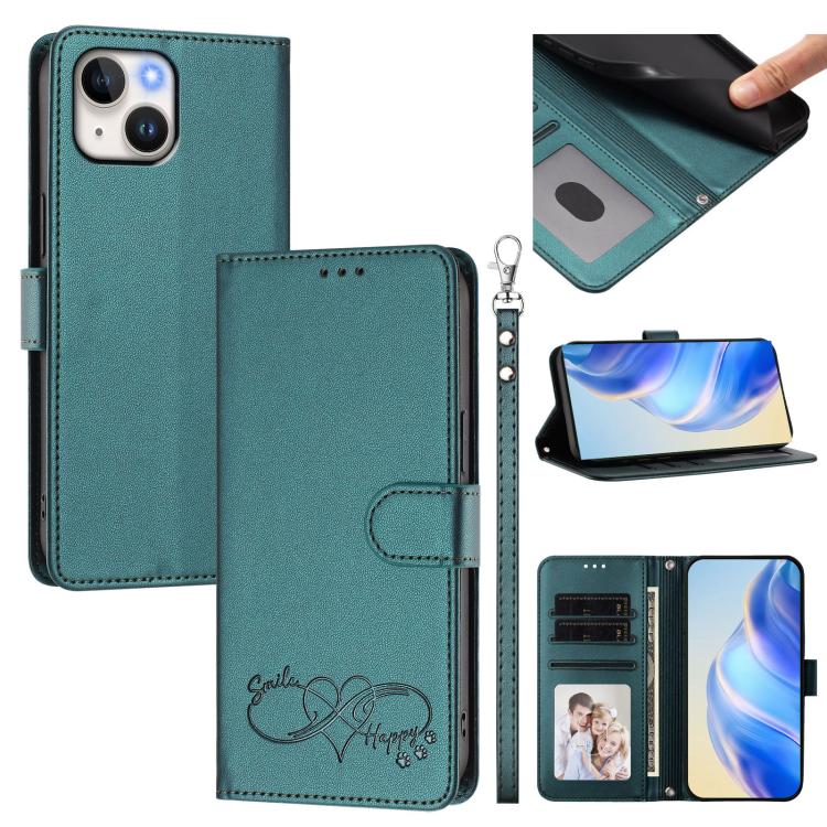 Happy Heart Pattern Magnetic Closure Vegan Leather Phone Case With Wrist Strap For iPhone Shockproof Protective Cover