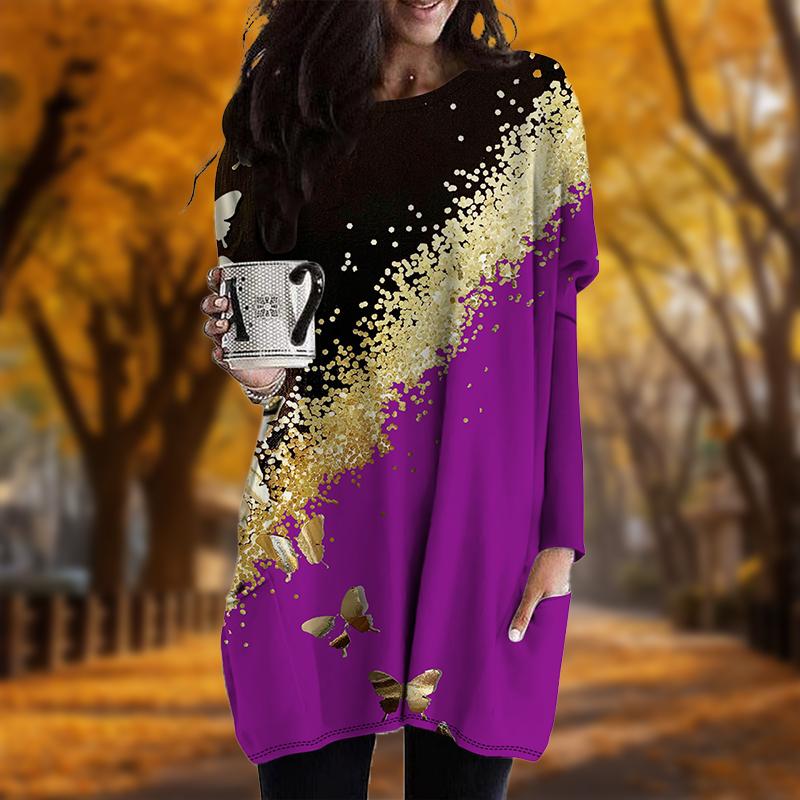 Новинка осени с красочным принтом бабочек и большими размерами платье для женщин с круглым вырезом и длинными рукавами повседневные платья с карманами