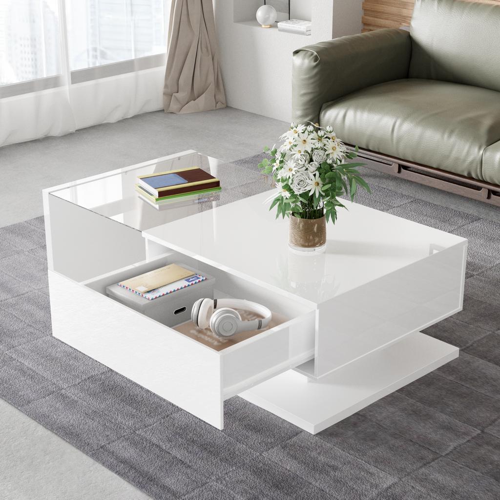 Coffee Table, High Gloss White. Side Tables, Coffee Tables with Glass and LED Effect