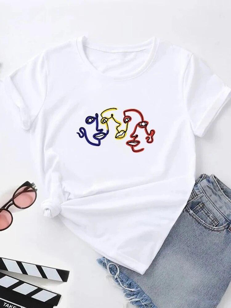 Футболка с летним принтом, женские футболки с рисунком Harajuku, корейская повседневная модная футболка с короткими рукавами Harajuku, белая футболка с круглым вырезом