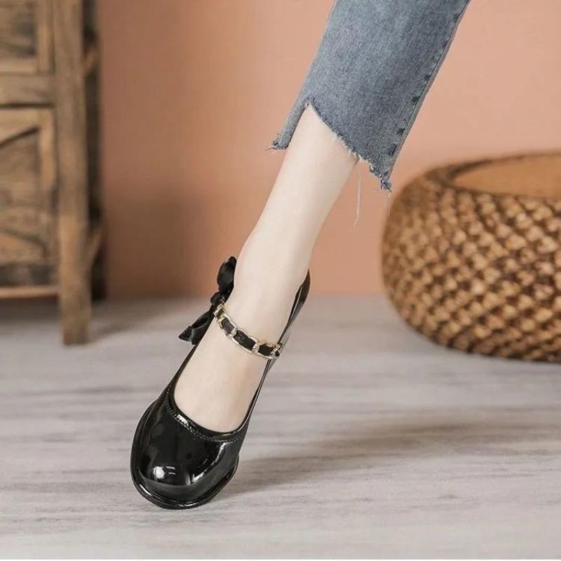 Туфли на толстом каблуке, женские, весна 2024, новые женские туфли Мэри Джейн из лакированной кожи, универсальные туфли на каблуке с неглубоким носком