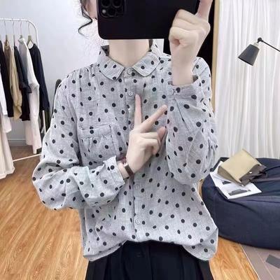 Весенняя мода ретро горошек рубашка с длинными рукавами уменьшающая возраст топ корейская свободная рубашка