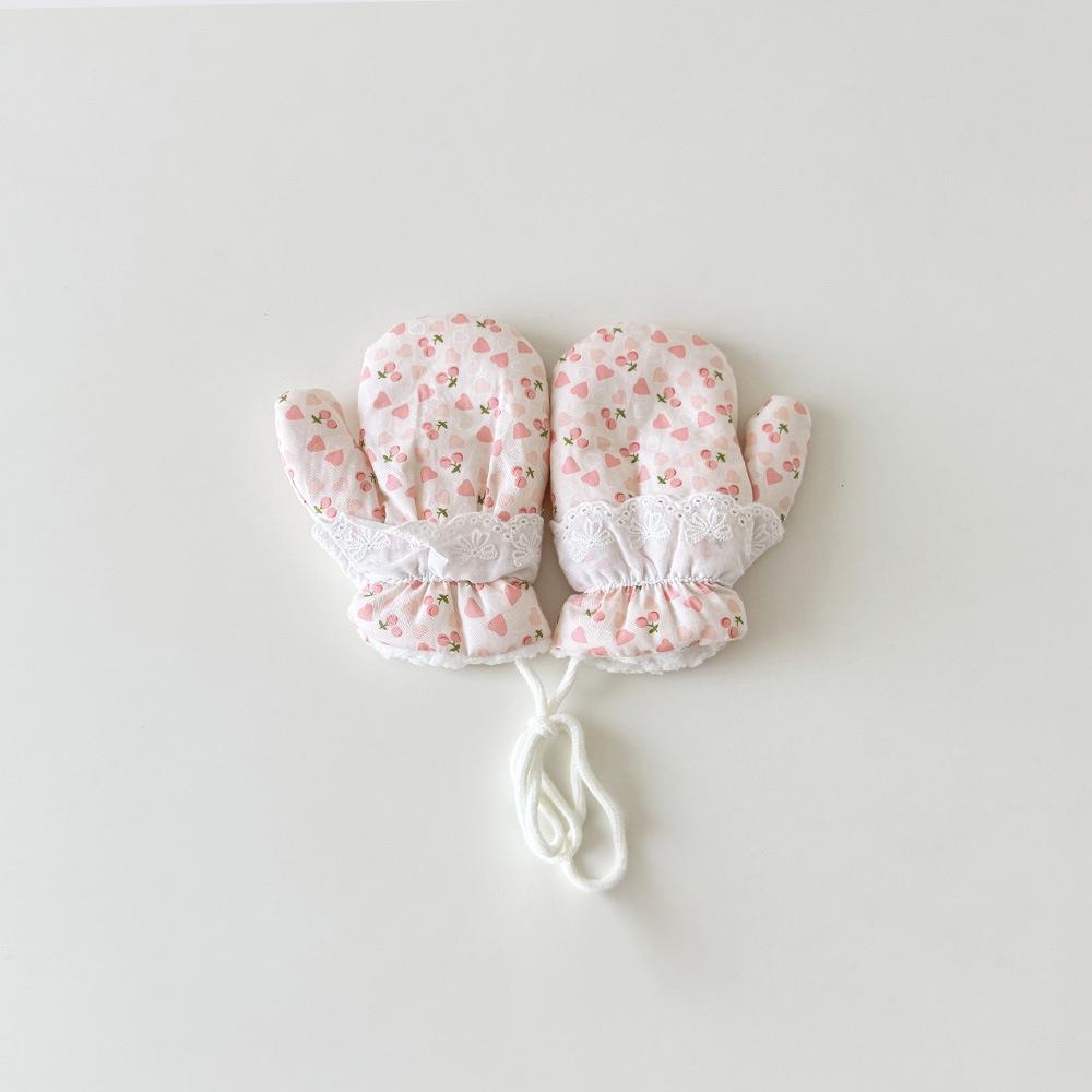 Fashion Baby Mittens Cute Floral Print Lace Winter Mittens for Girl Warm Plush Lined Thermal Toddler Kids Mittens