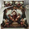 Latacaca 3 предмета Готический ангел и роза Комплект пододеяльника с центральным элементом Иисуса Христа - Темное цветочное постельное белье в черном, красном и золотом цвете
