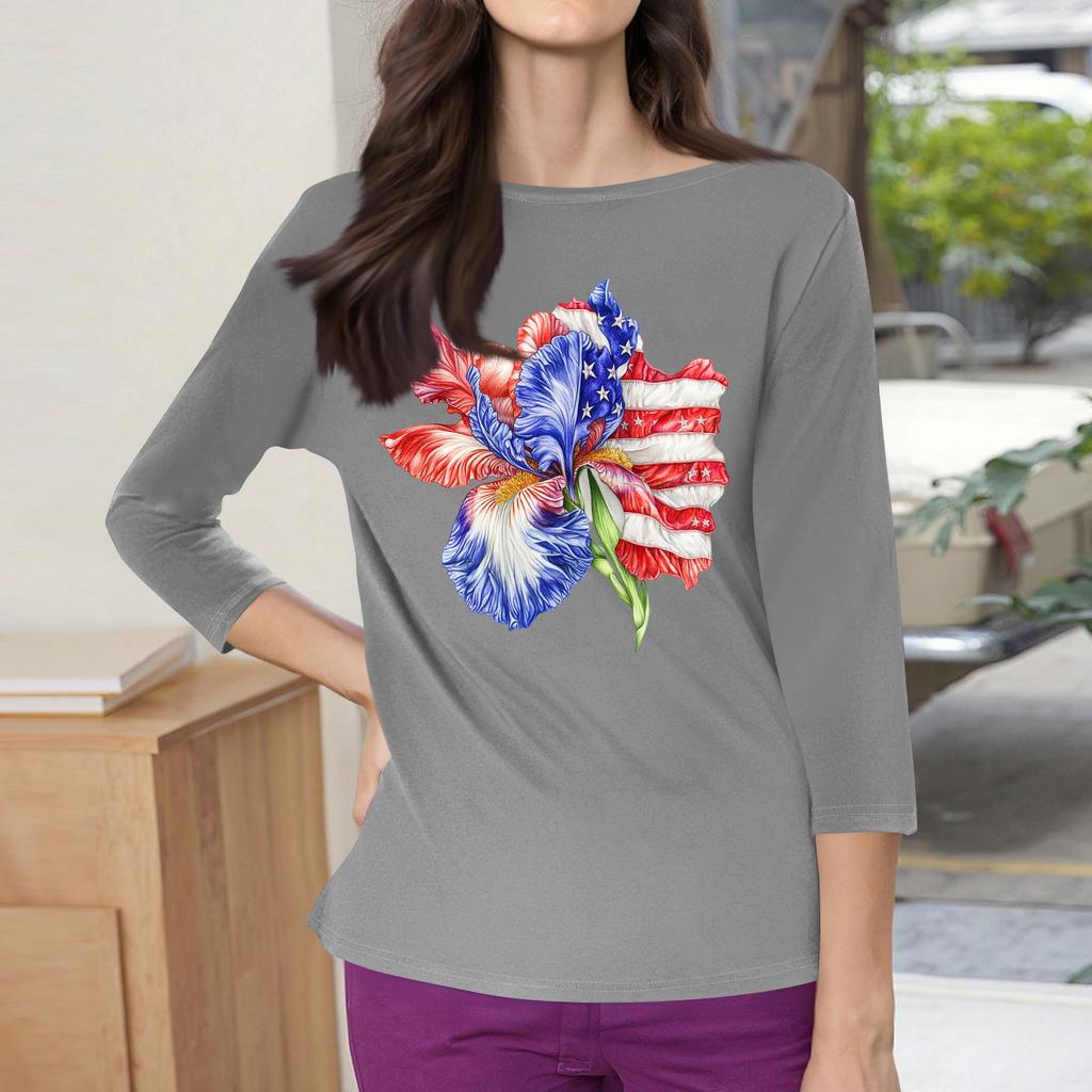 3/4 Sleeve Tops For Women T-Shirt Casual Print Tops T Shirt Round Neck Pullover Blouse