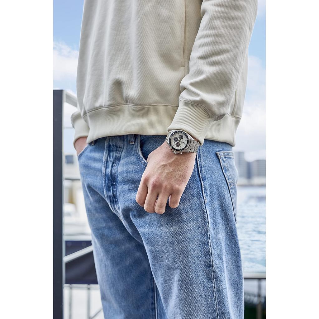 Orient Mako Solar Panda Japanese Men's Watch, White & Silver, Domestic Warranty