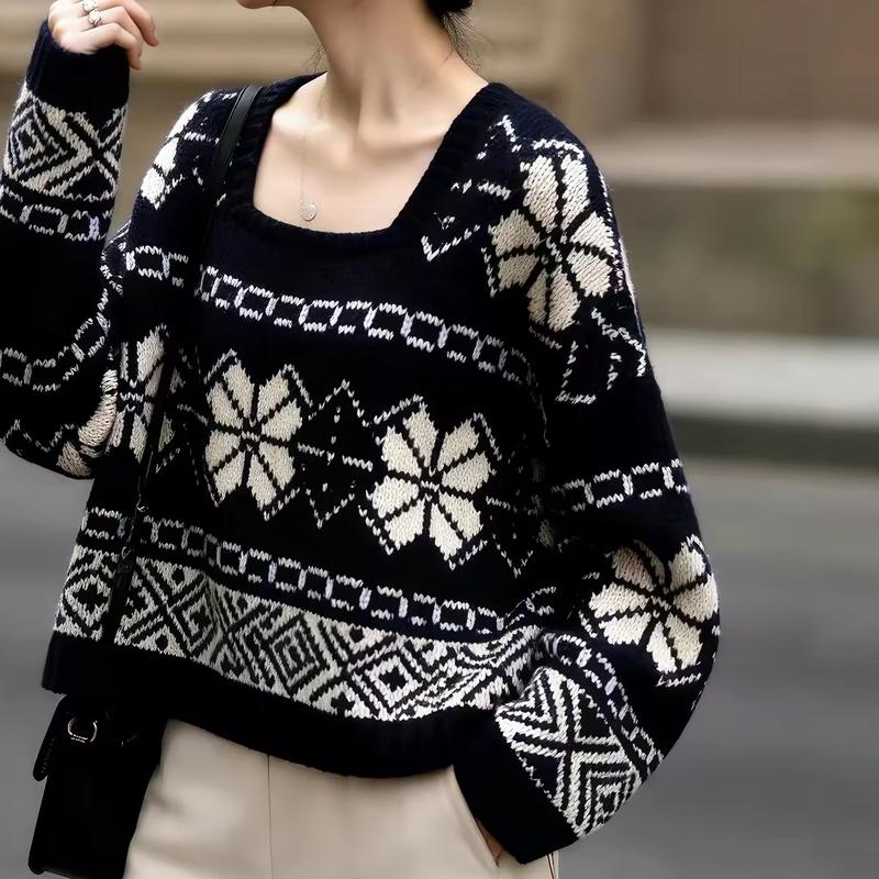 ZOSOUL Vintage Fair Isle Jacquard Square Neck Knit Sweater