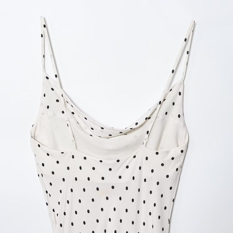 Kaslead New Women Clothes Western Style Fashion Simple Polka Dot Print Drop Collar Spaghetti Strap Sling Long Dress