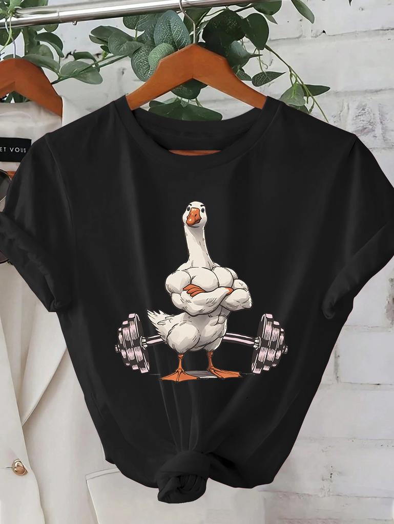 Women's Casual Graphic T-Shirt Funny Muscular Duck Lifting Weights Short Sleeve Round Neck Summer Top Streetwear Cartoon clothes